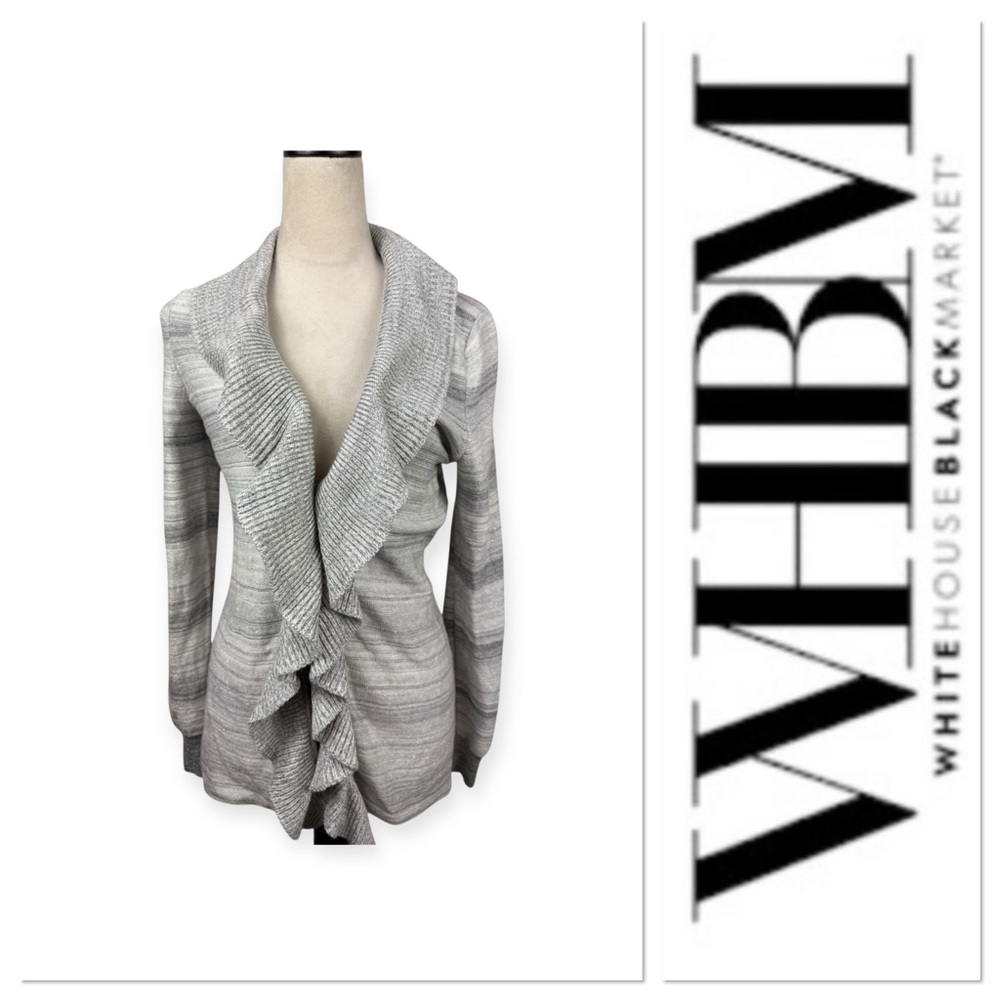 White House Black Market gray and silver ruffle cardigan sweater size small